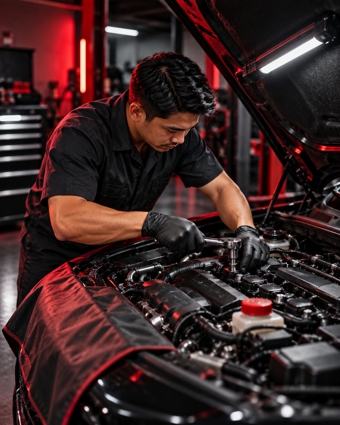 Mechanic working in an open engine bay