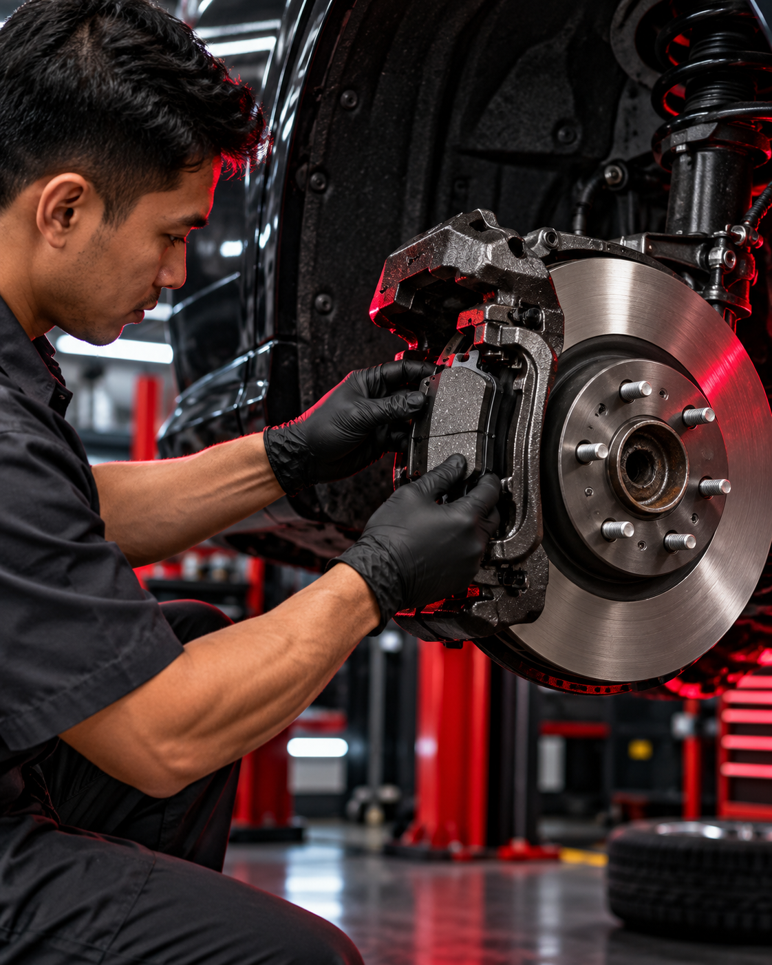 Technician replacing brake pads and rotor
