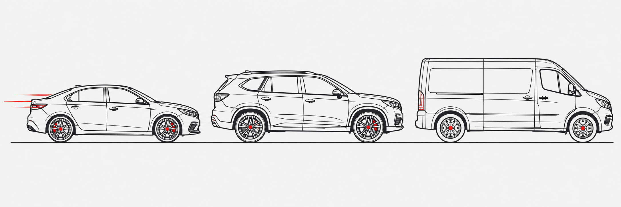 Line illustration of a sedan, SUV and work van in side profile