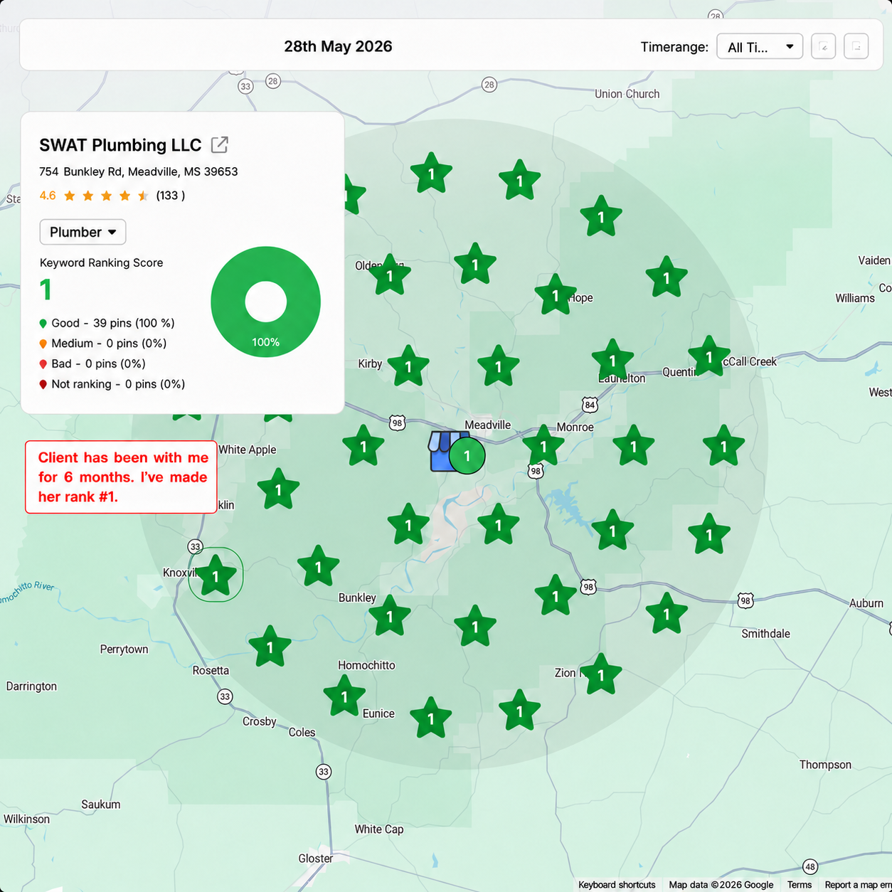 Local map ranking grid showing a client ranked number one
