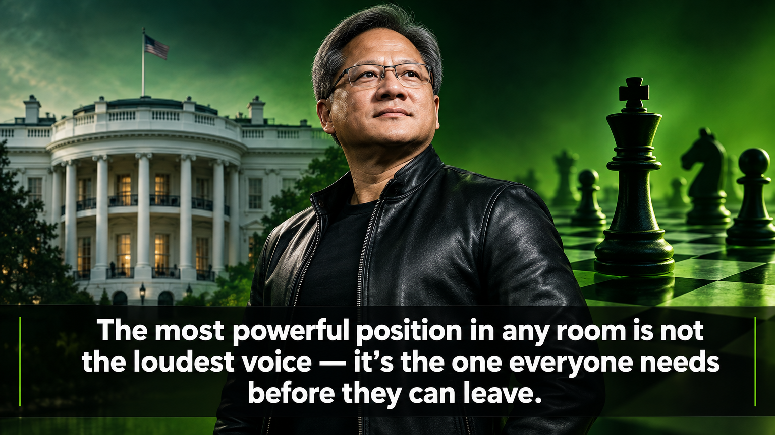 Jensen Huang editorial portrait with White House backdrop — AuthorJason.com