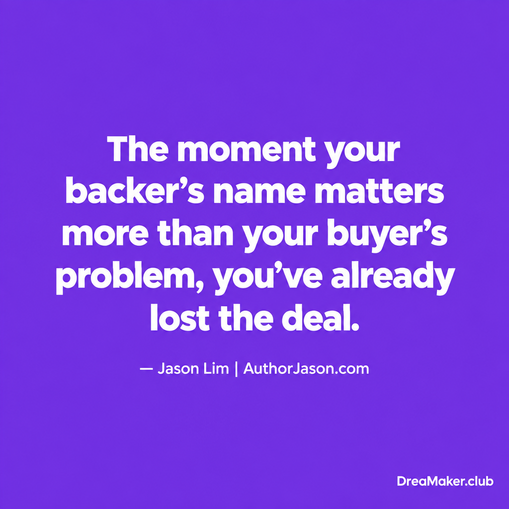 Purple quote card: The most powerful sales position is the one your buyer cannot afford to replace — Jason Lim AuthorJason.com