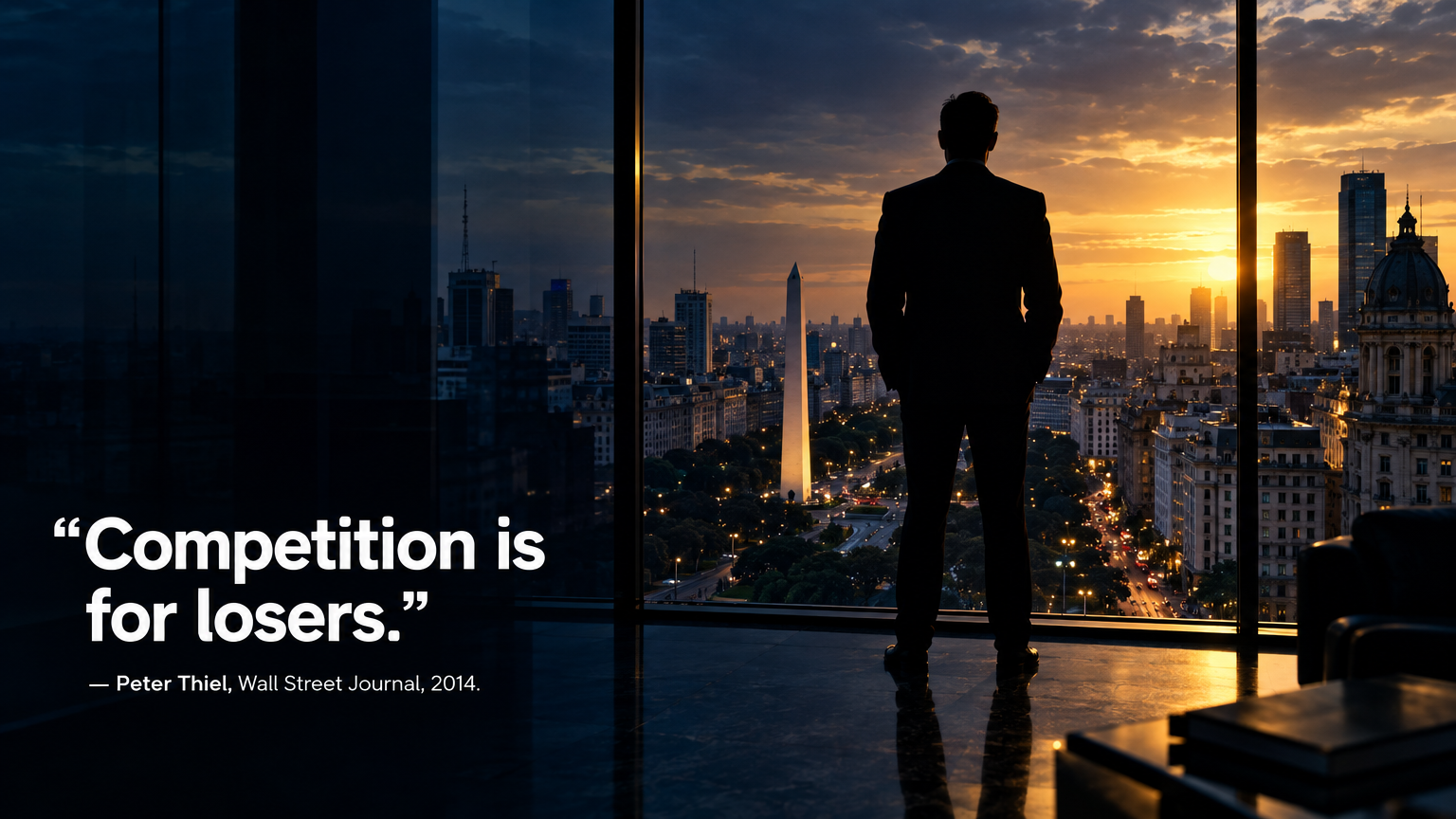 Peter Thiel silhouette against city skyline with conviction quote overlay