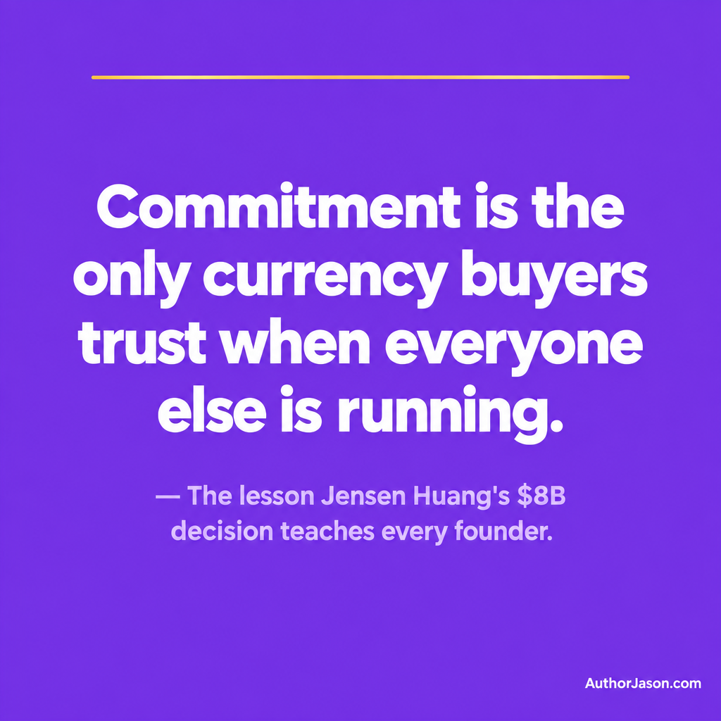 Commitment is the only currency buyers trust when everyone else is running — founder lesson from Jensen Huang's $8B decision