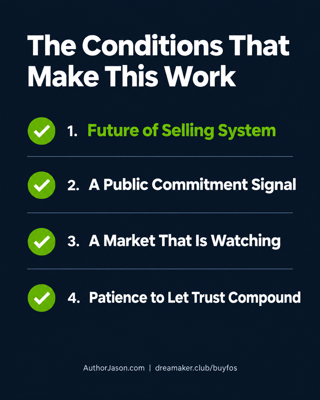 The four conditions that make a founder commitment signal work — Future of Selling System checklist