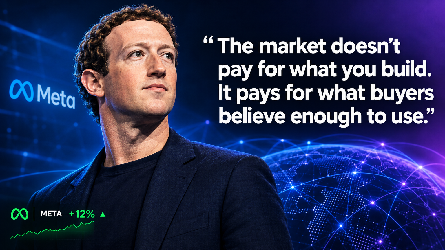 Mark Zuckerberg editorial portrait with quote overlay about buyer trust and market rewards — Meta stock surge September 2026