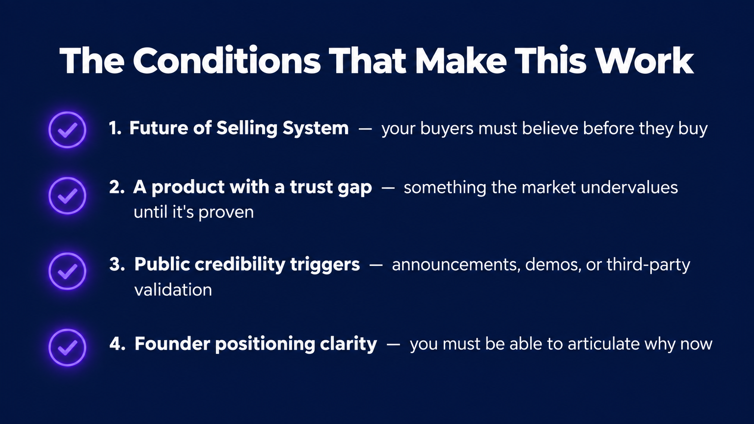 Infographic checklist: The Conditions That Make This Work — Future of Selling System, trust gap product, public credibility triggers, founder positioning clarity