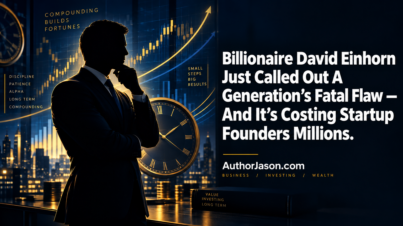 Editorial concept illustration of a hedge fund billionaire against a backdrop of financial charts and compounding growth curves representing patience and system-building