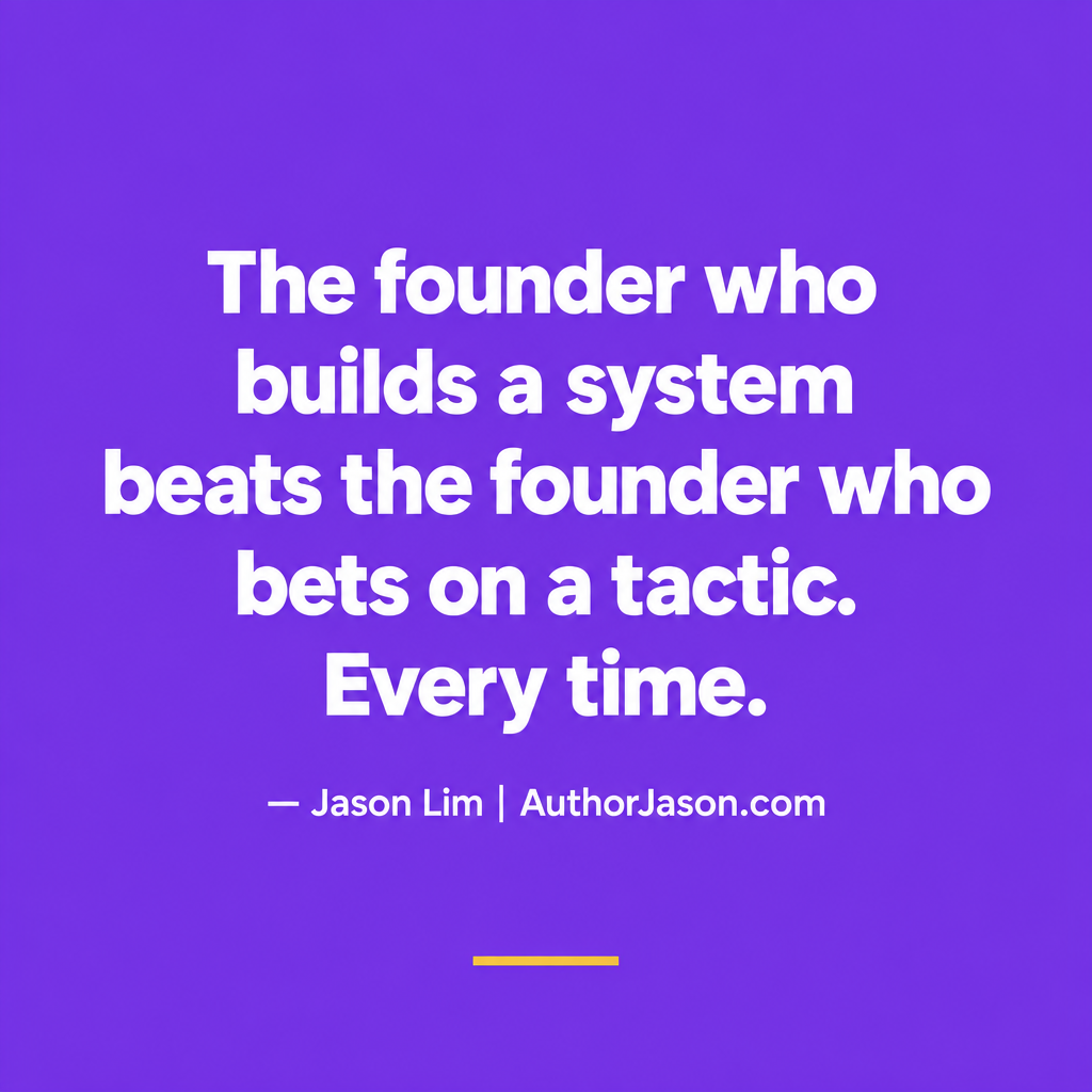 Purple quote card: The founder who builds a system beats the founder who bets on a tactic. Every time.