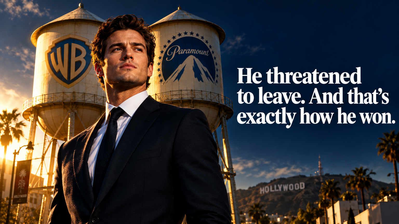 Editorial concept of a confident media mogul in front of merging Hollywood studio towers — David Ellison Paramount Warner Bros settlement leverage lesson for founders