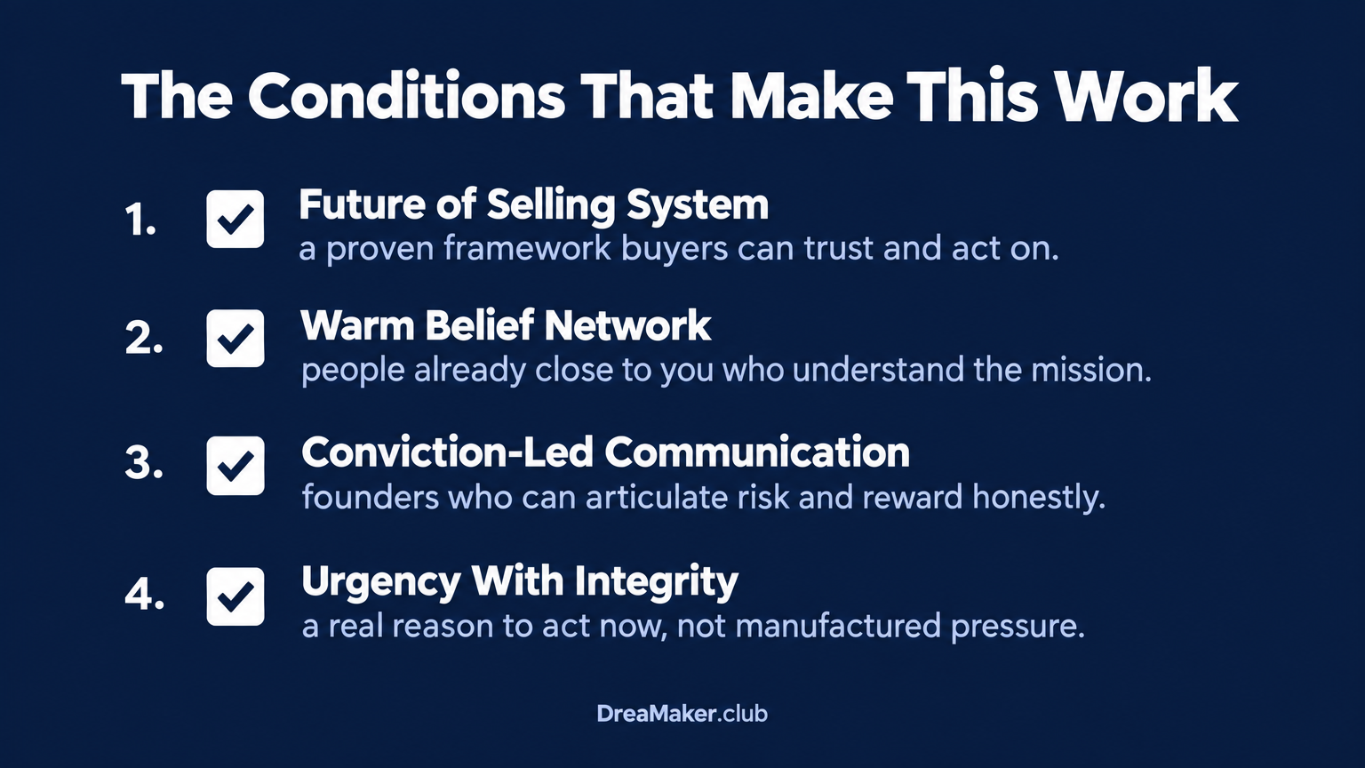 Conditions checklist visual: The four conditions that make trust-based selling work for founders — Future of Selling System, Warm Belief Network, Conviction-Led Communication, Urgency With Integrity