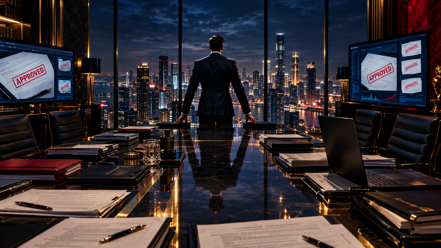 A powerful media executive stands in a dramatic boardroom overlooking a glowing city skyline — symbolising the high-stakes Paramount-Warner merger clearance led by David Ellison
