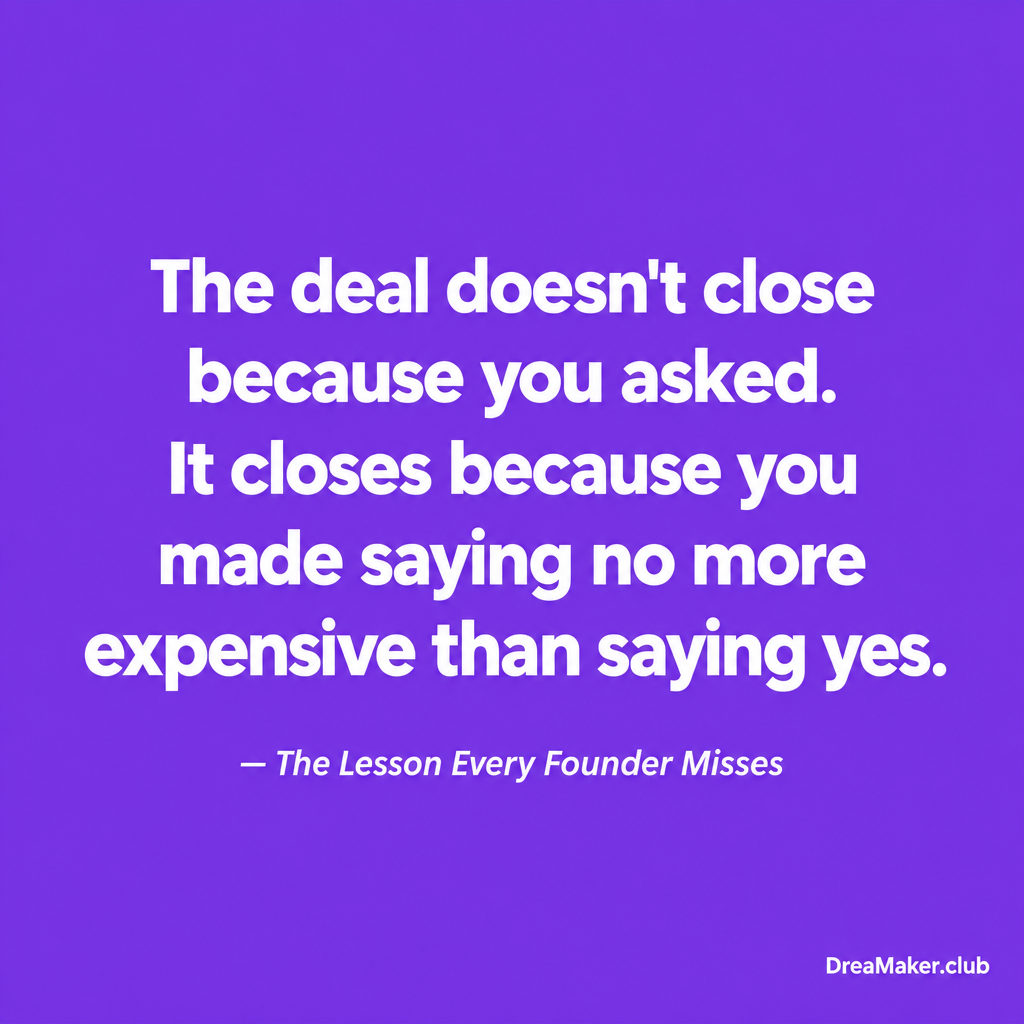 Purple quote card: The deal doesn't close because you asked. It closes because you made saying no more expensive than saying yes. — DreaMaker.club