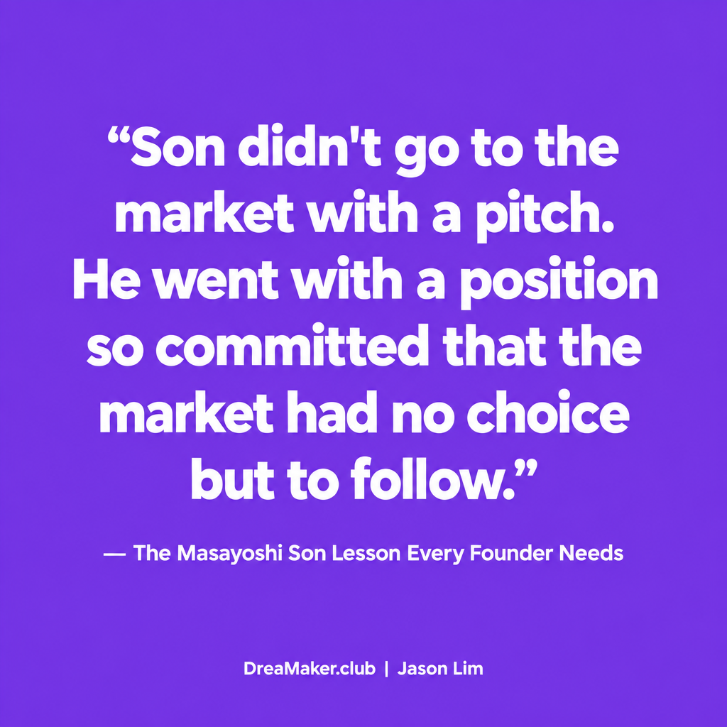 Purple quote card: Son did not go to the market with a pitch. He went with a position so committed that the market had no choice but to follow. Jason Lim DreaMaker.club