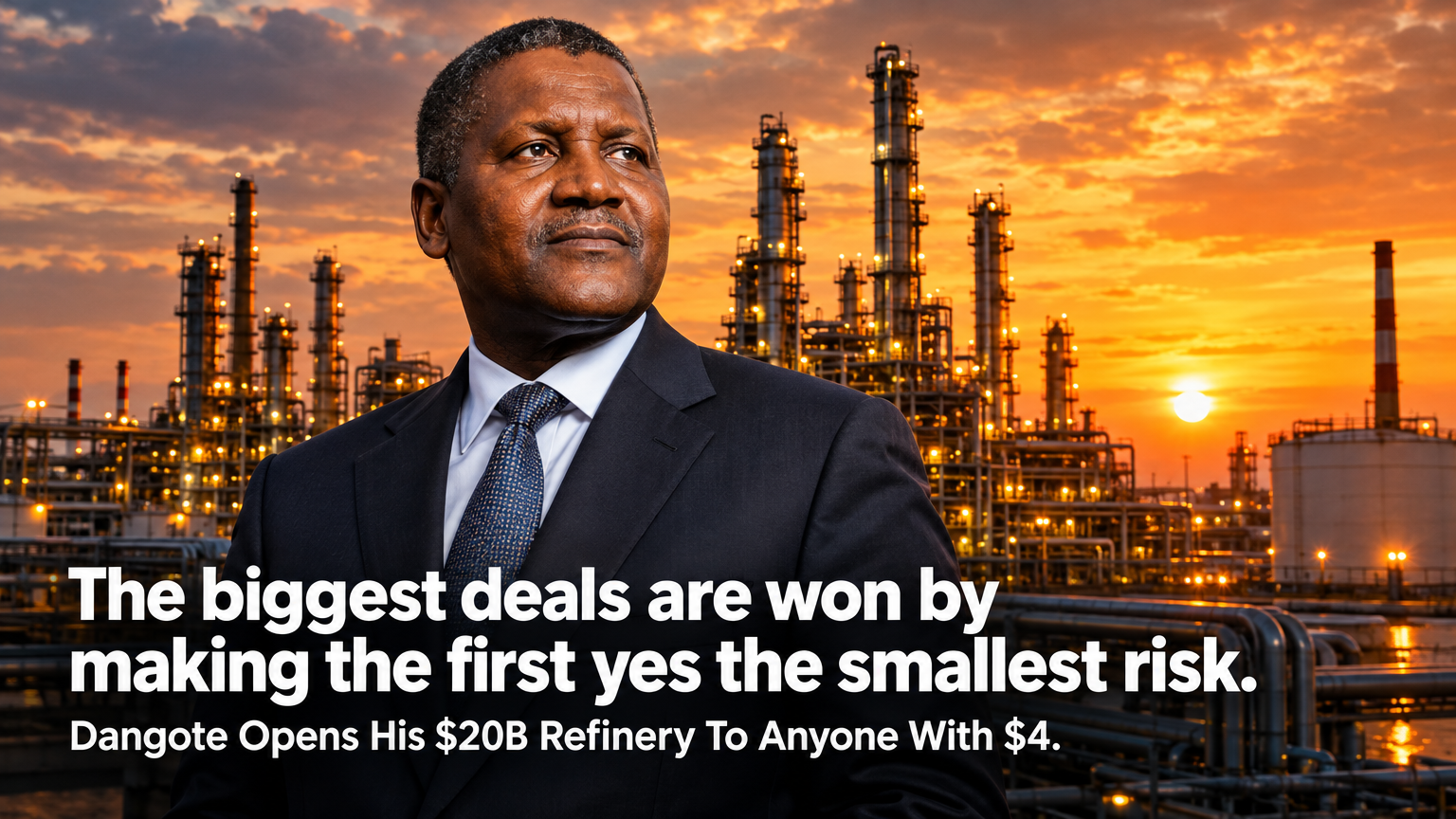 Aliko Dangote and the Dangote Petroleum Refinery at dusk with overlay lesson quote on entry-point architecture