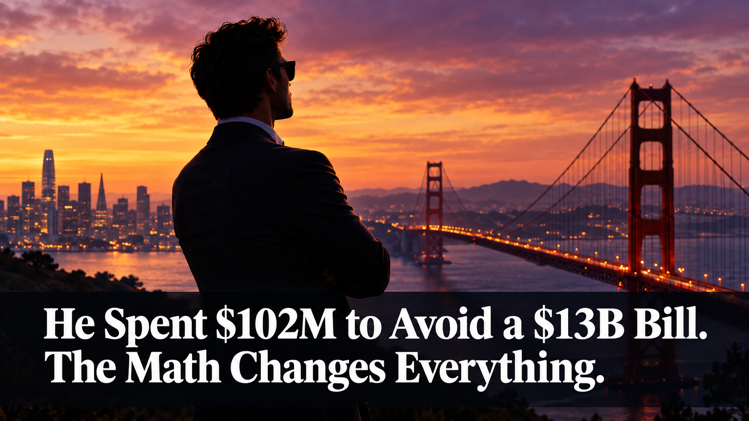 Editorial concept of a tech visionary against a California dusk skyline — Sergey Brin Prop 40 tax lesson for startup founders