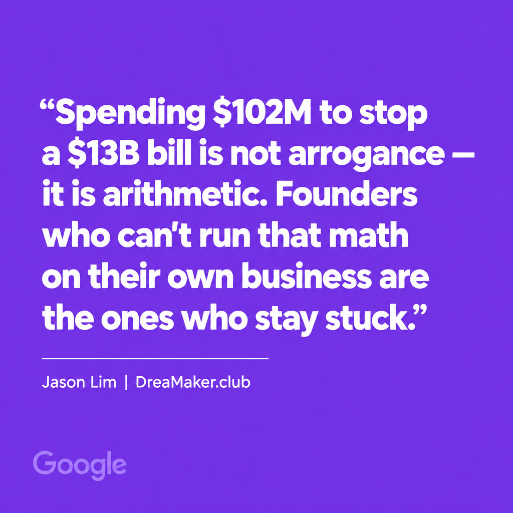 Quote card: Spending $102M to stop a $13B bill is not arrogance — it is arithmetic. Jason Lim DreaMaker.club