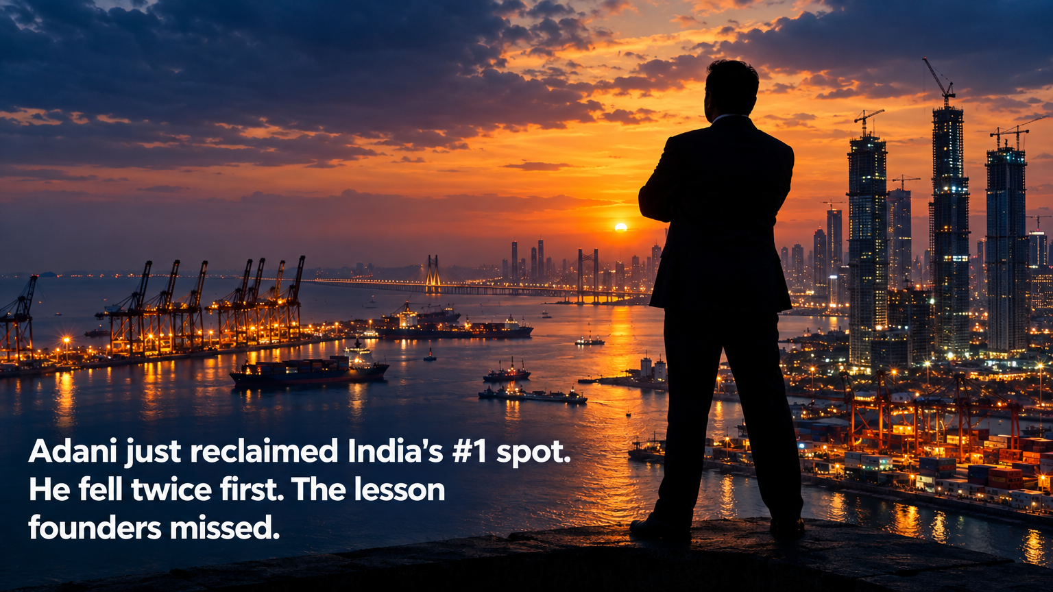 Editorial concept of a business titan silhouette against a glowing Mumbai harbour skyline at dusk — Gautam Adani comeback lesson for startup founders