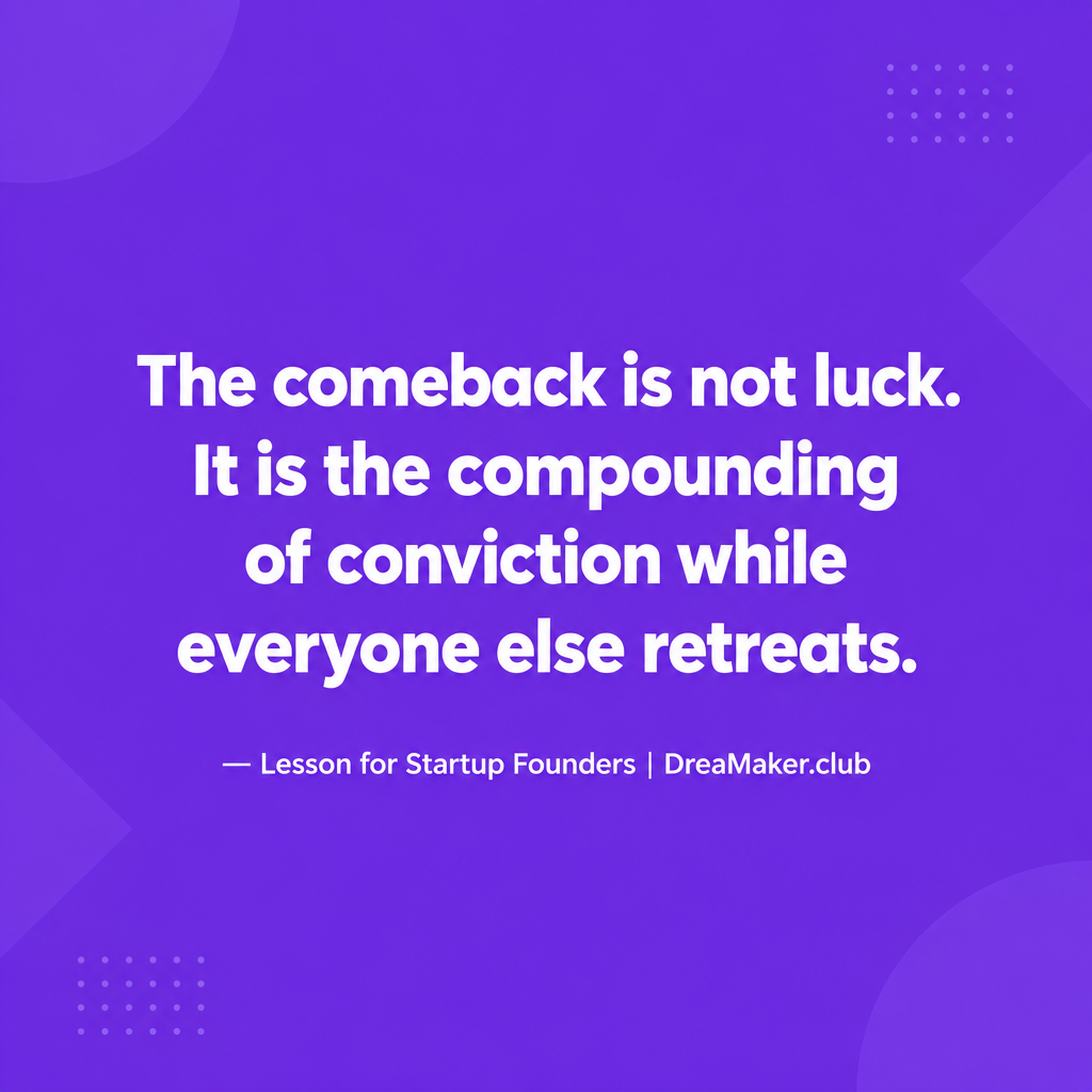 Purple quote card: The comeback is not luck. It is the compounding of conviction while everyone else retreats. — Lesson for Startup Founders, DreaMaker.club