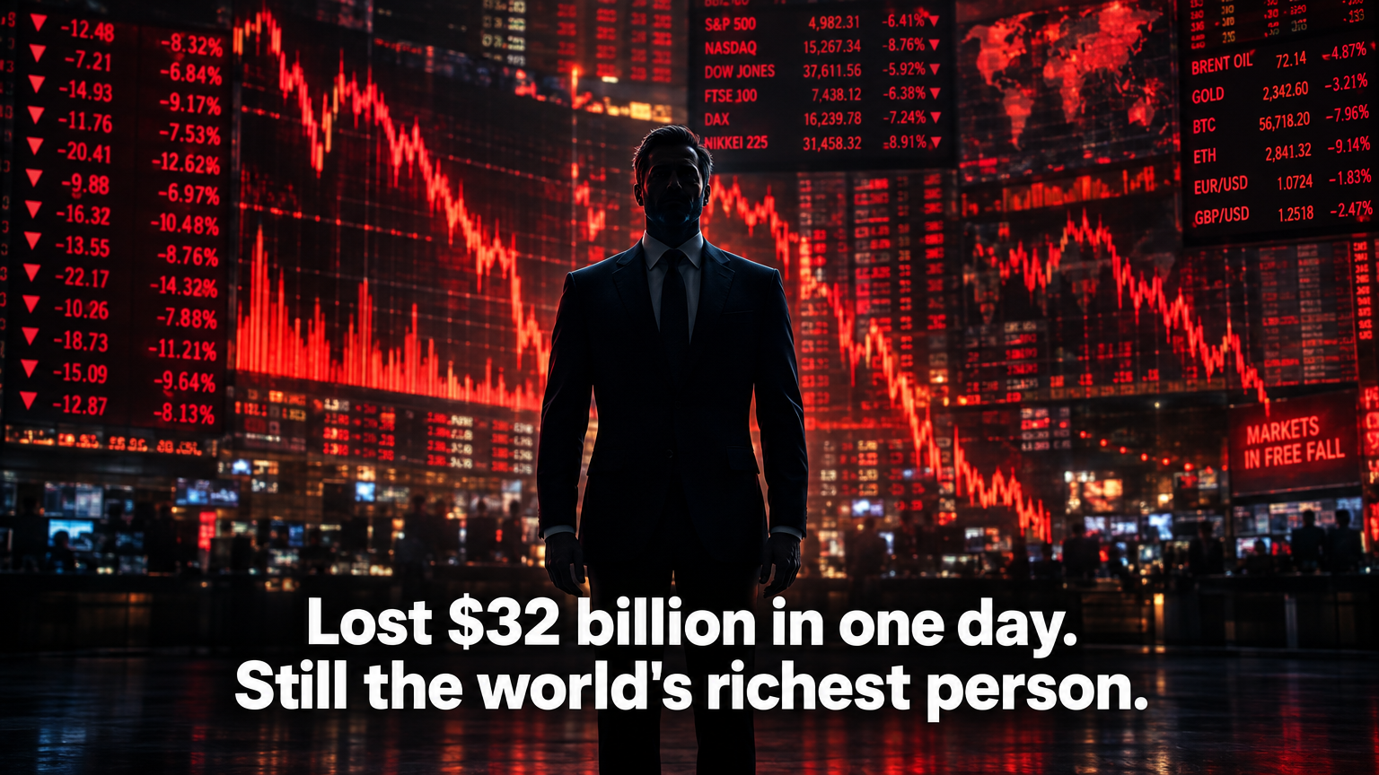 Editorial concept of a composed silhouette standing still before a wall of collapsing red financial data — Elon Musk $32 billion single-day loss founder lesson
