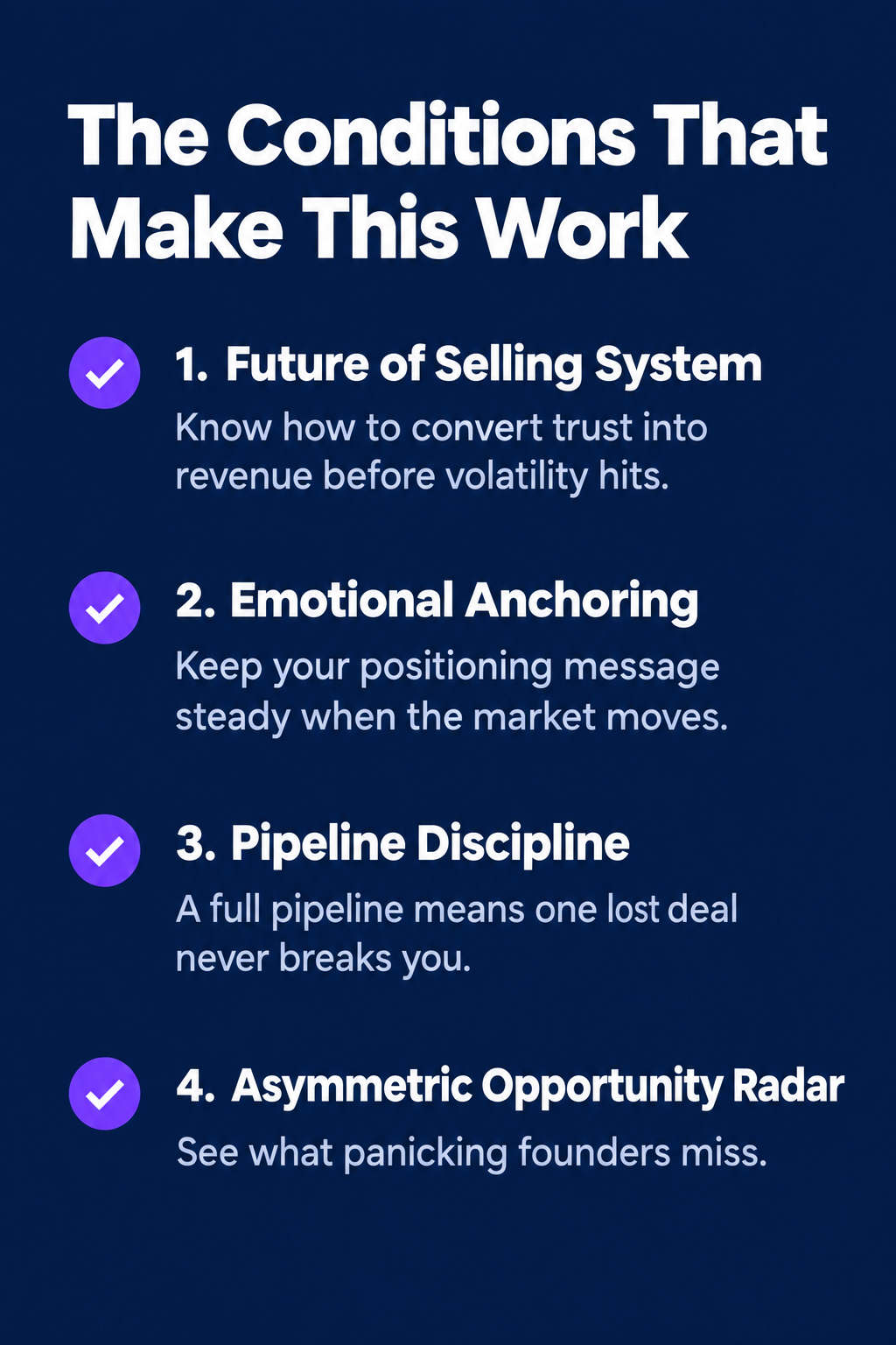 Conditions checklist visual — four conditions that make the Musk founder lesson work for startup founders including Future of Selling System