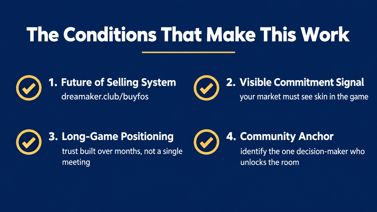 Conditions checklist infographic: four conditions that make commitment-based selling work for startup founders