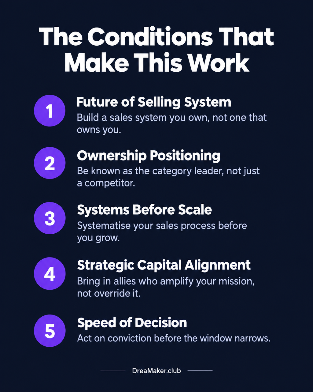 The Conditions That Make This Work - checklist infographic for founders