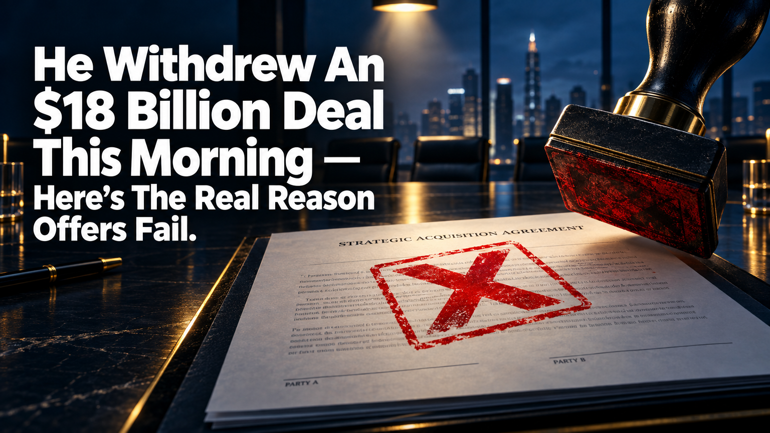 Dramatic boardroom scene with a contract marked with a red X, representing Barry Diller withdrawing his $18 billion MGM Resorts deal