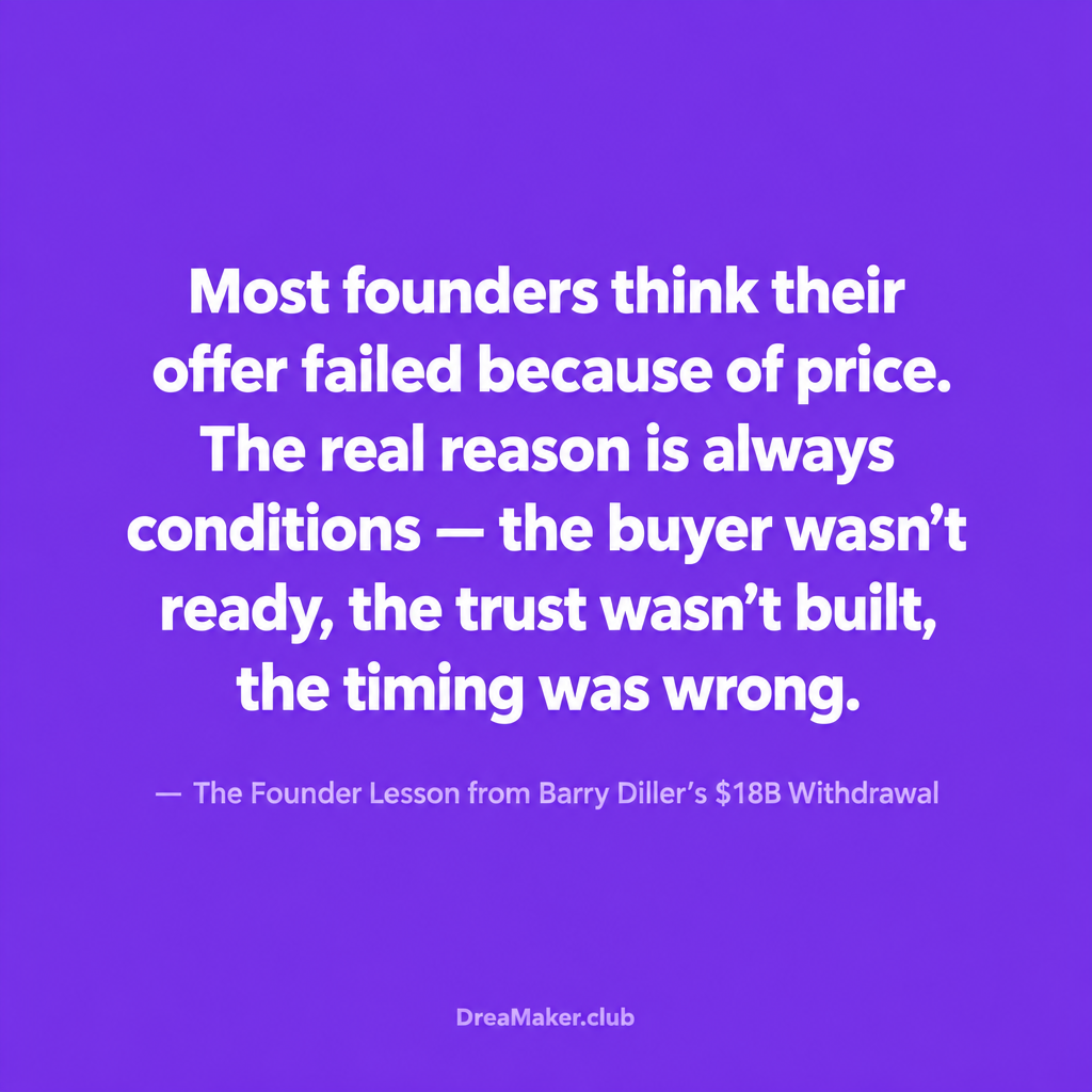 Purple quote card: The market doesn't reward who was right. It rewards who built the conditions before they made the ask. — The Founder Lesson from Barry Diller's $18B Withdrawal
