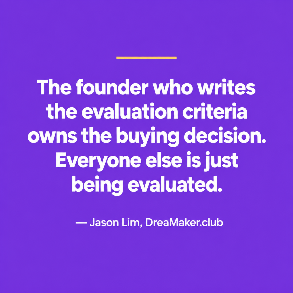 Purple quote card: The founder who puts more skin in the game than the buyer expects removes the last reason the buyer has to say no -- Jason Lim DreaMaker.club