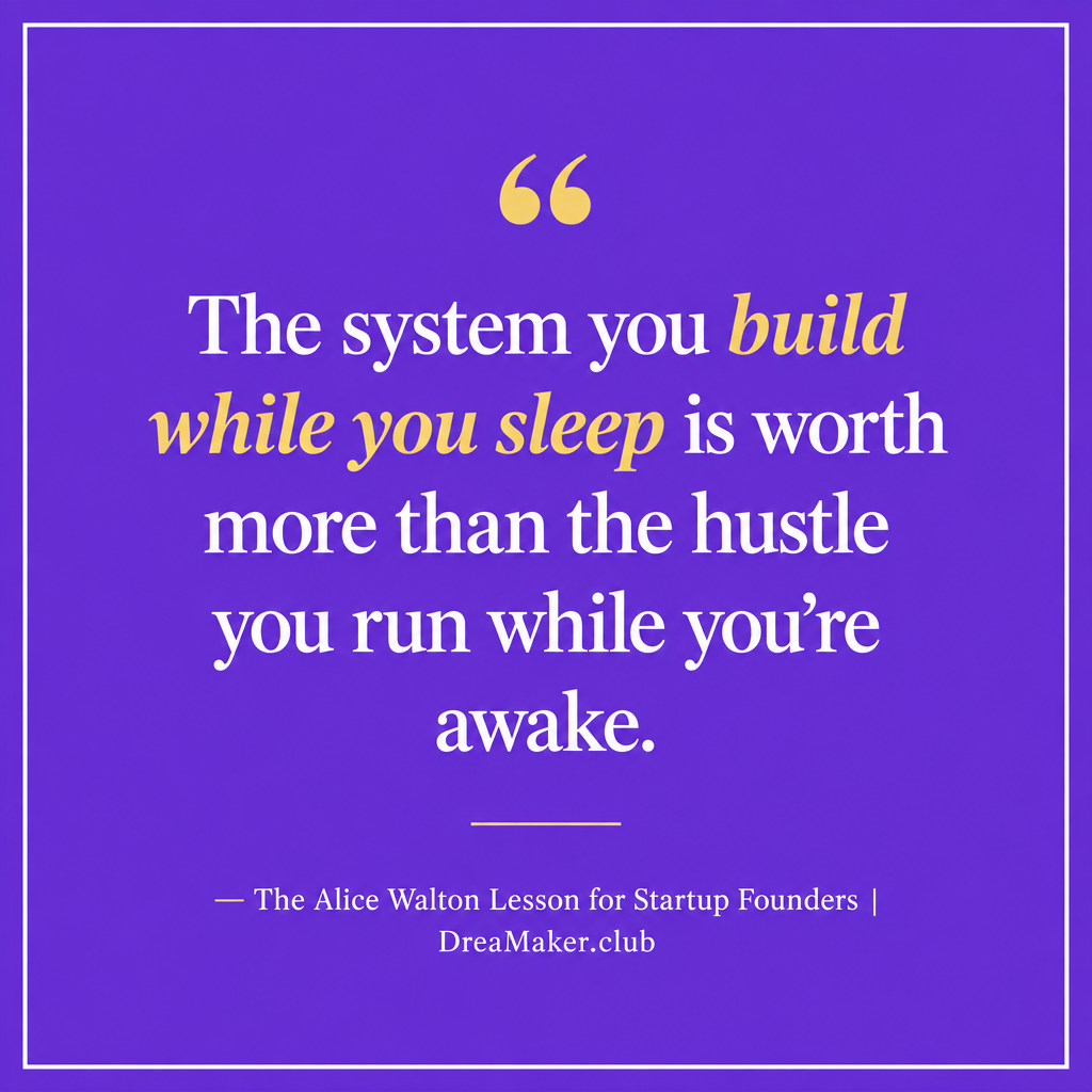 Quote card — The system you build while you sleep is worth more than the hustle you run while you're awake — Alice Walton lesson for startup founders