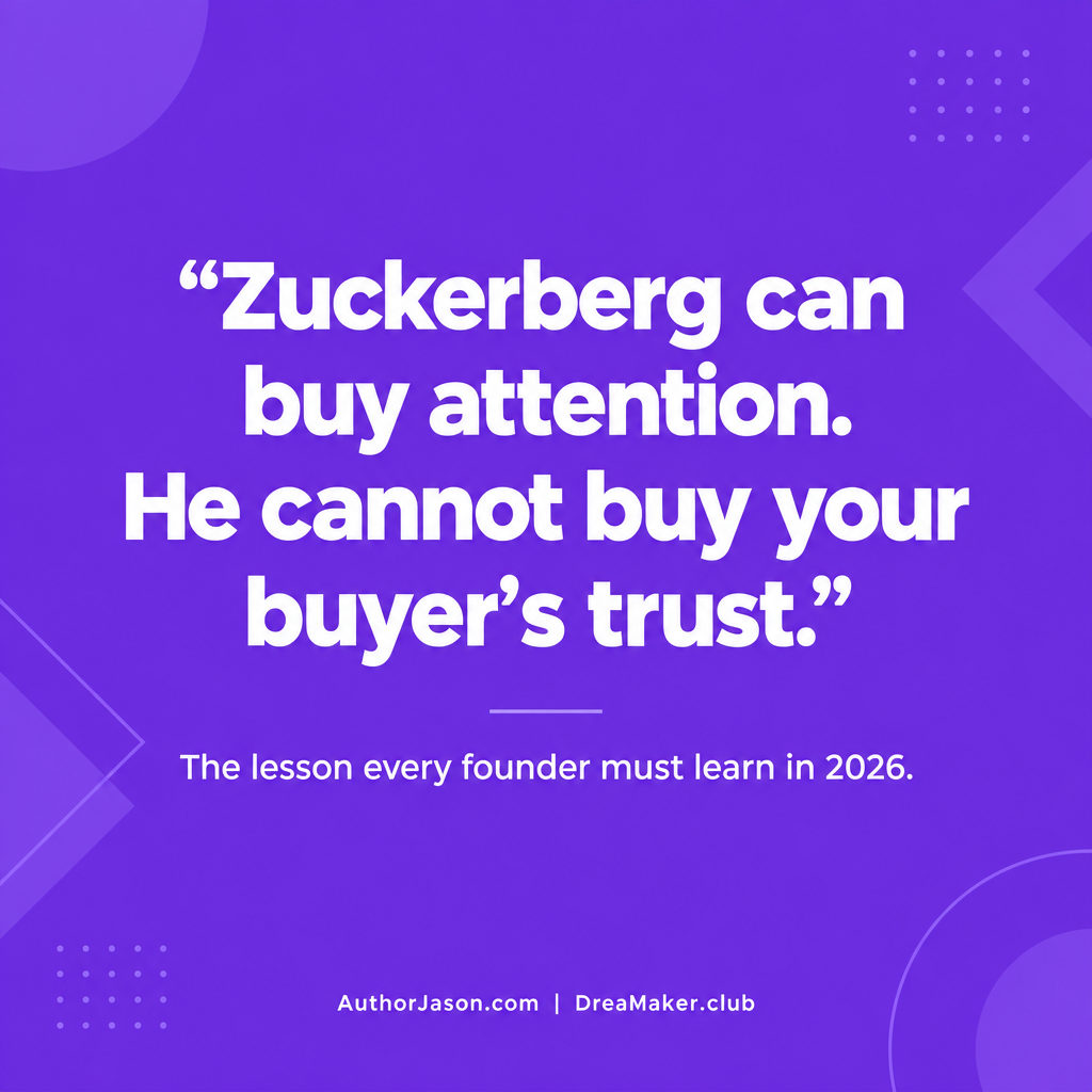 Quote card: Zuckerberg can buy attention. He cannot buy your buyer's trust. — AuthorJason.com