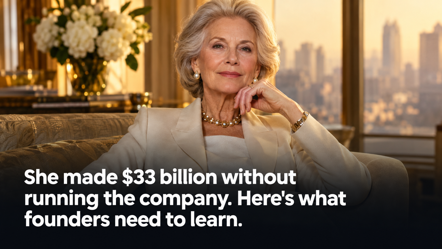 Elegant woman representing a wealth dynasty heiress with overlay: She made $33 billion without running the company