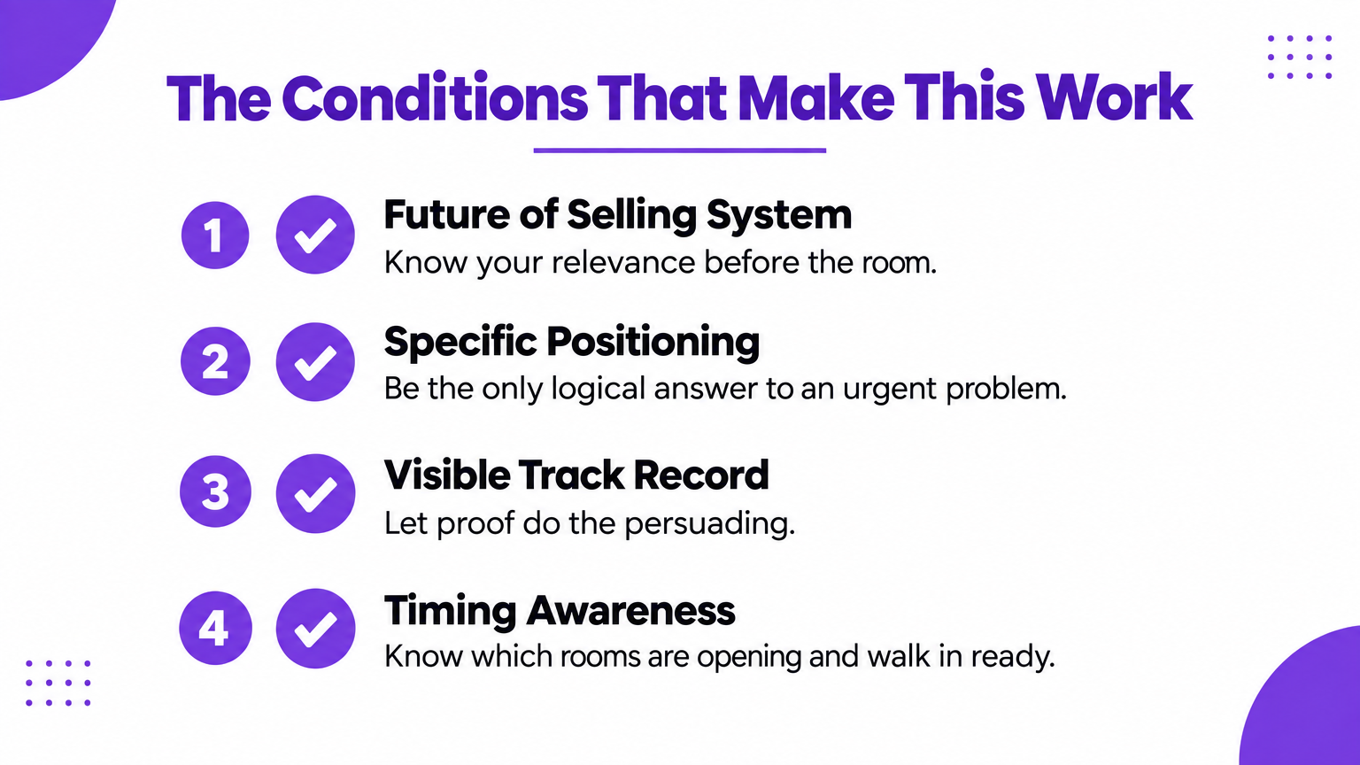 The four conditions that make relevance-driven positioning work for startup founders — Future of Selling System checklist