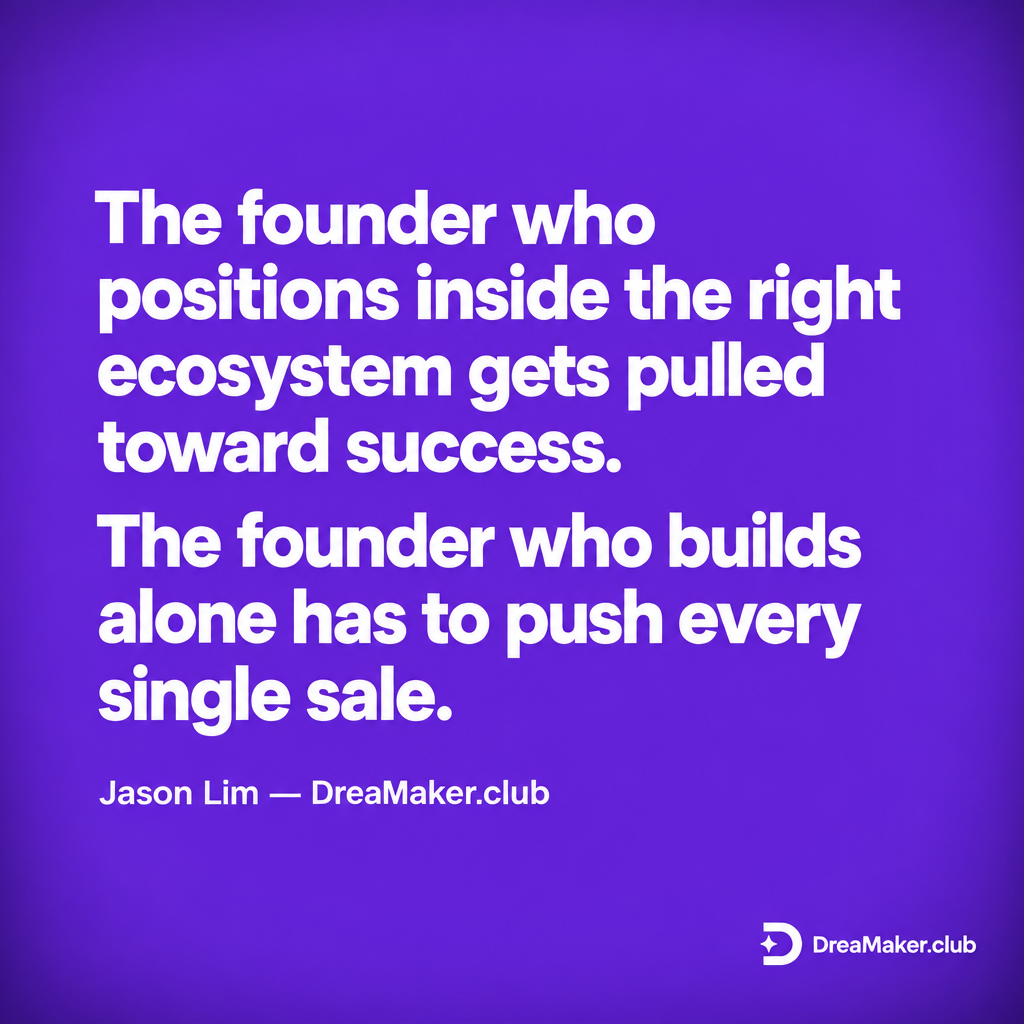 Quote card: The founder who positions inside the right ecosystem gets pulled toward success — Jason Lim, DreaMaker.club