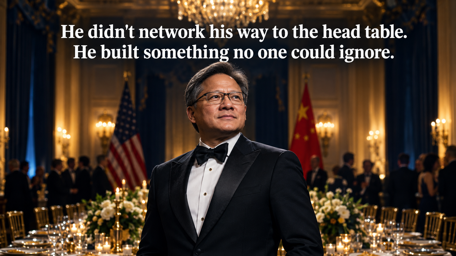 Jensen Huang at the White House State Dinner seated at the head table with Trump and Xi — founder positioning lesson