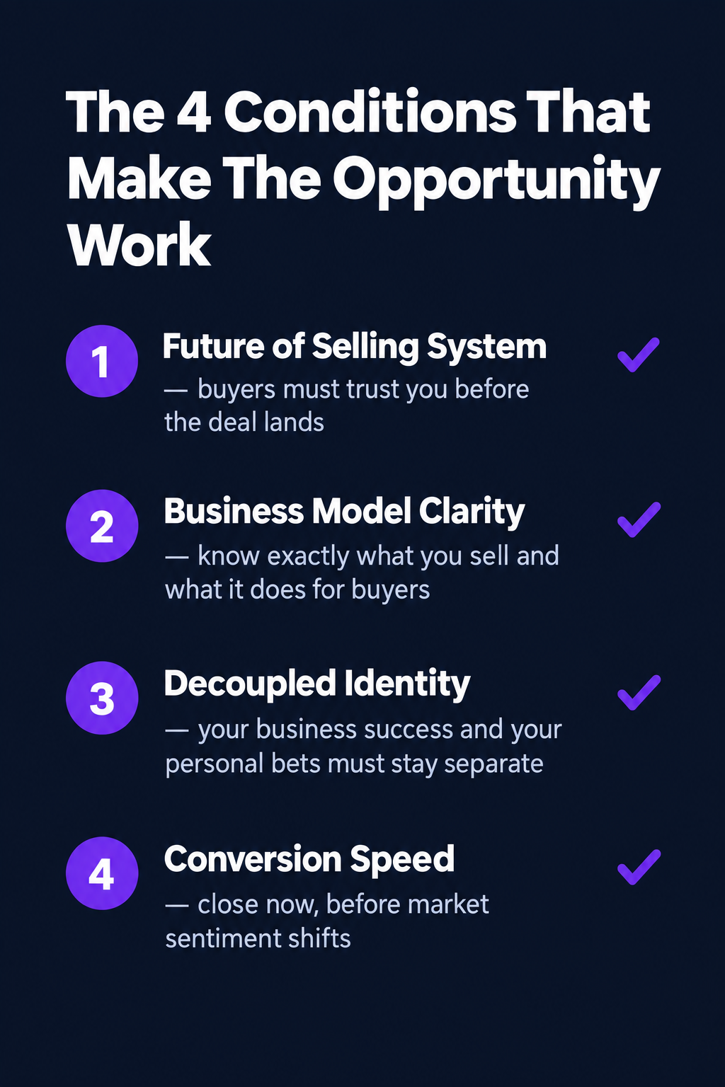 Four conditions that make the founder opportunity work: Future of Selling System, Business Model Clarity, Decoupled Personal Bet, Conversion Speed