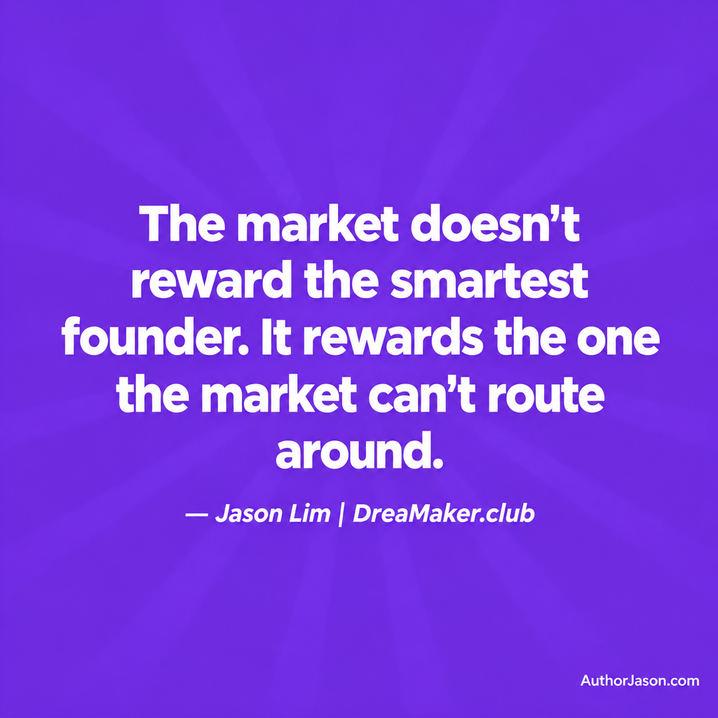 Quote card: The market does not reward the smartest founder. It rewards the one the market cannot route around. — Jason Lim, DreaMaker.club