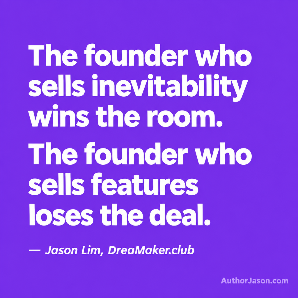 The founder who sells inevitability wins the room. The founder who sells features loses the deal. — Jason Lim