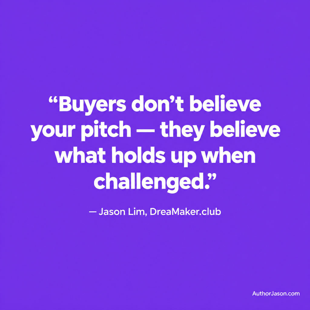 Quote card: Buyers do not believe your pitch — they believe what holds up when challenged. Jason Lim, DreaMaker.club