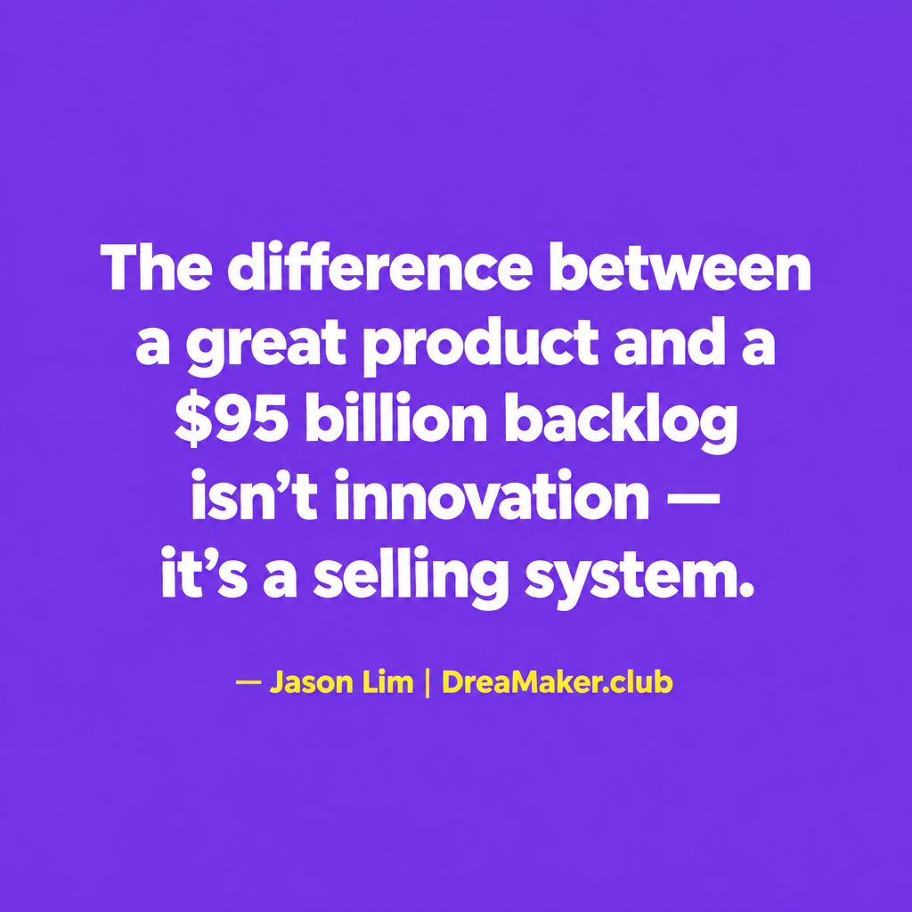 The difference between a great product and a $95 billion backlog isn't innovation — it's a selling system. — Jason Lim, DreaMaker.club
