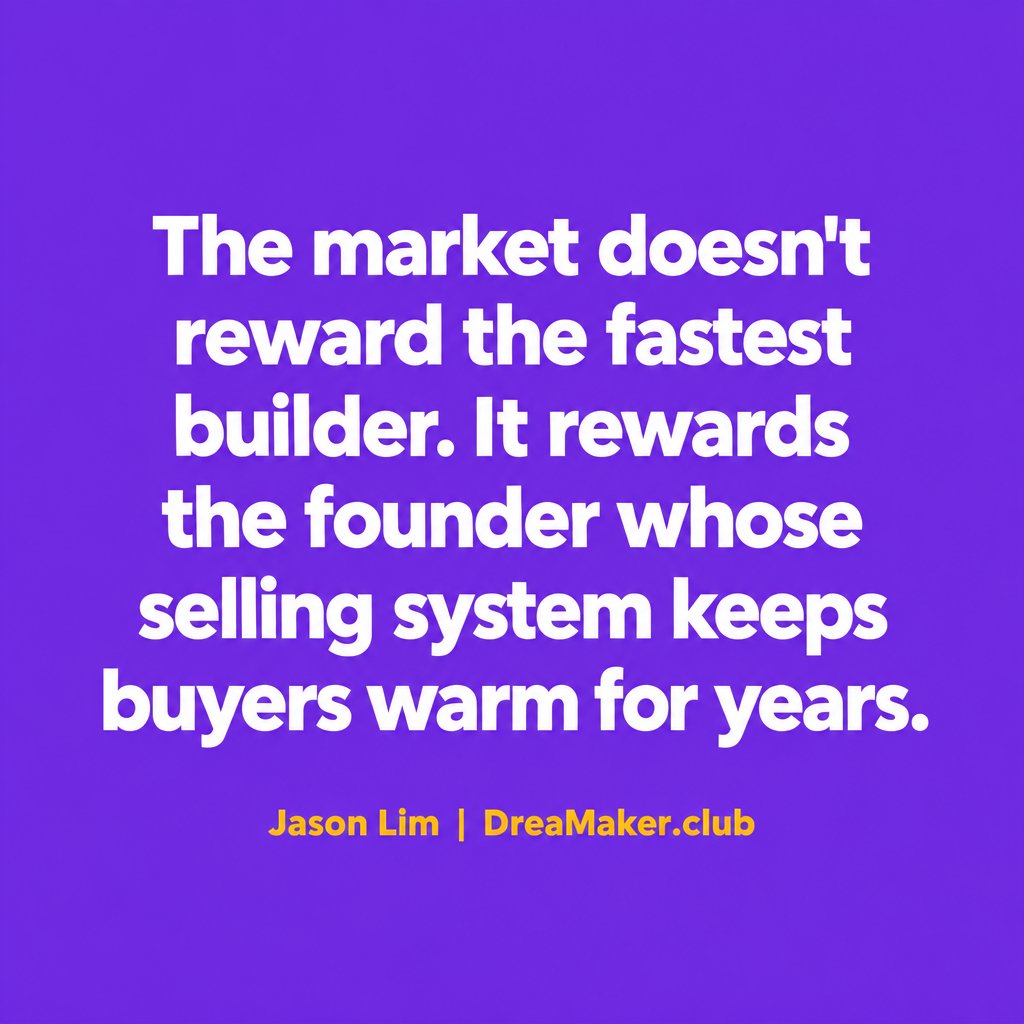 Jason Lim quote: The market doesn't reward the fastest builder. It rewards the founder whose selling system keeps buyers warm for years.
