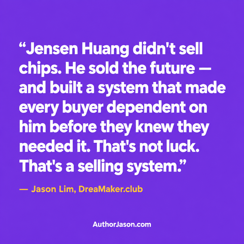 Jason Lim quote card: Jensen Huang did not sell chips. He sold the future and built a system that made every buyer dependent on him before they knew they needed it.