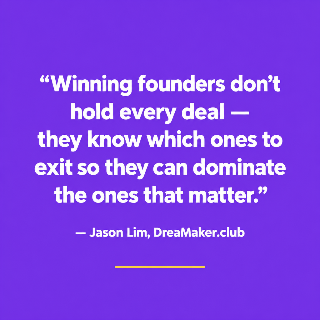 Quote card: Winning founders do not hold every deal — they know which ones to exit so they can dominate the ones that matter. Jason Lim, DreaMaker.club