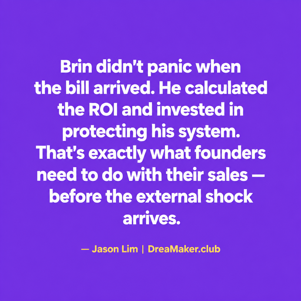 Quote card: Brin did not panic when the bill arrived. He calculated the ROI and invested in protecting his system. That is exactly what founders need to do with their sales — before the external shock arrives.