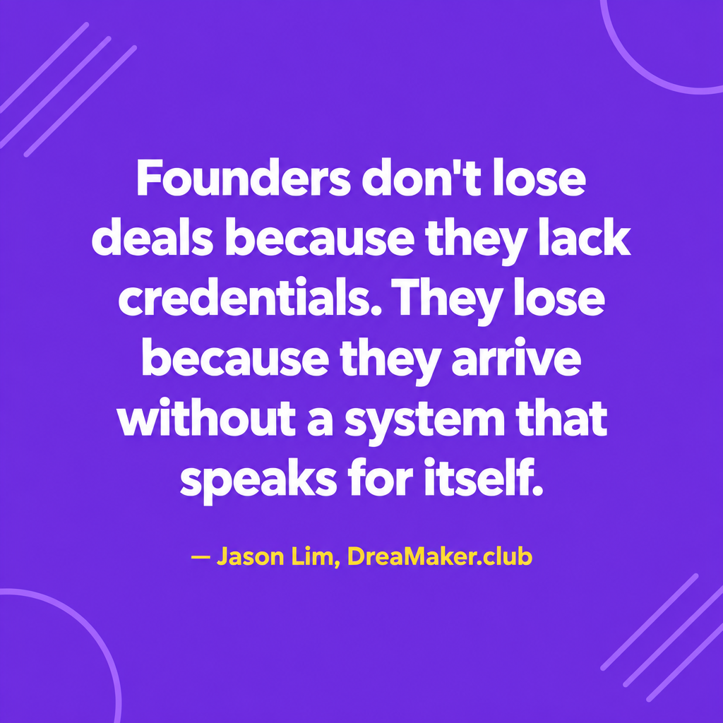 Founders don't lose deals because they lack credentials. They lose because they arrive without a system that speaks for itself. — Jason Lim