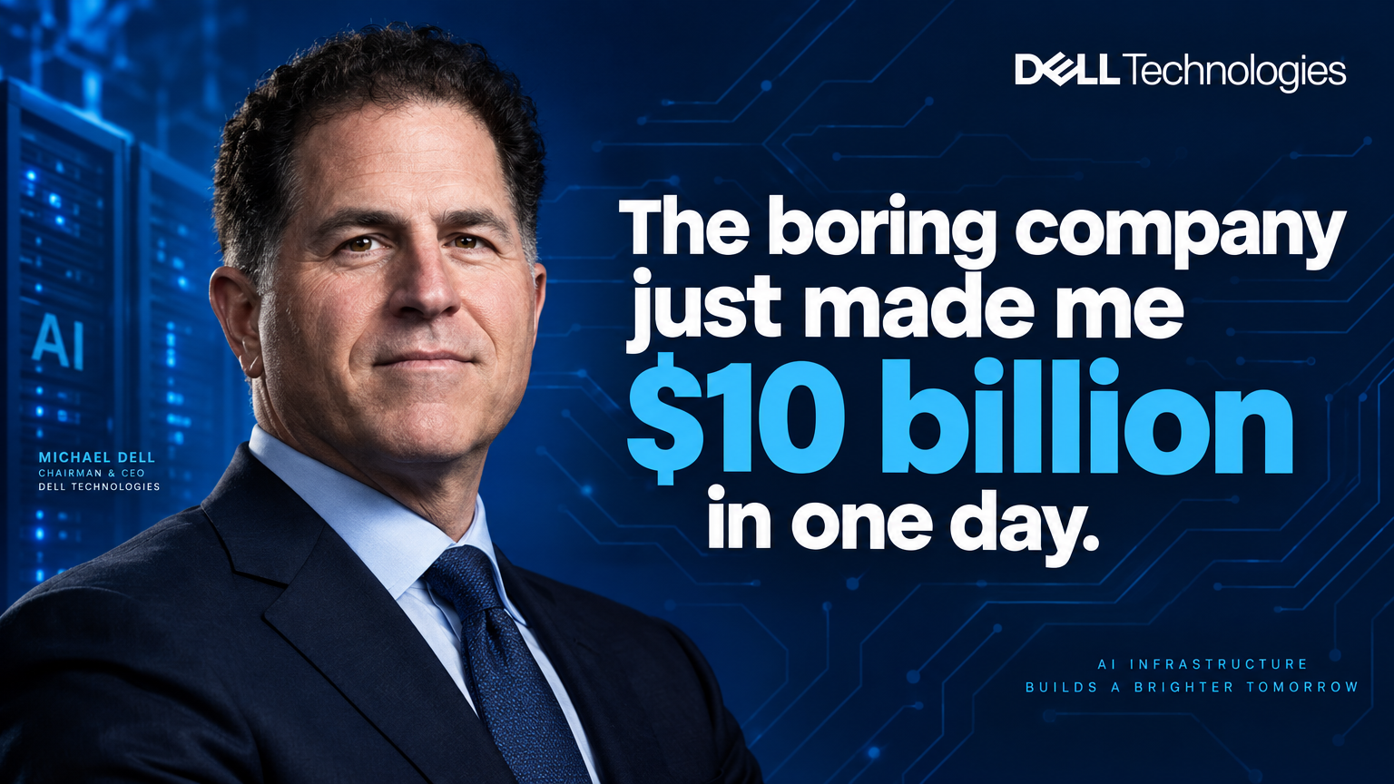 Billionaire Michael Dell — 10 billion in one day, AI infrastructure editorial portrait