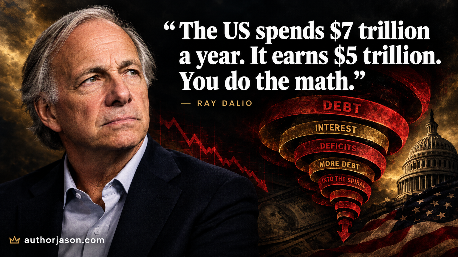 Billionaire Ray Dalio editorial portrait — US debt crisis warning for startup founders