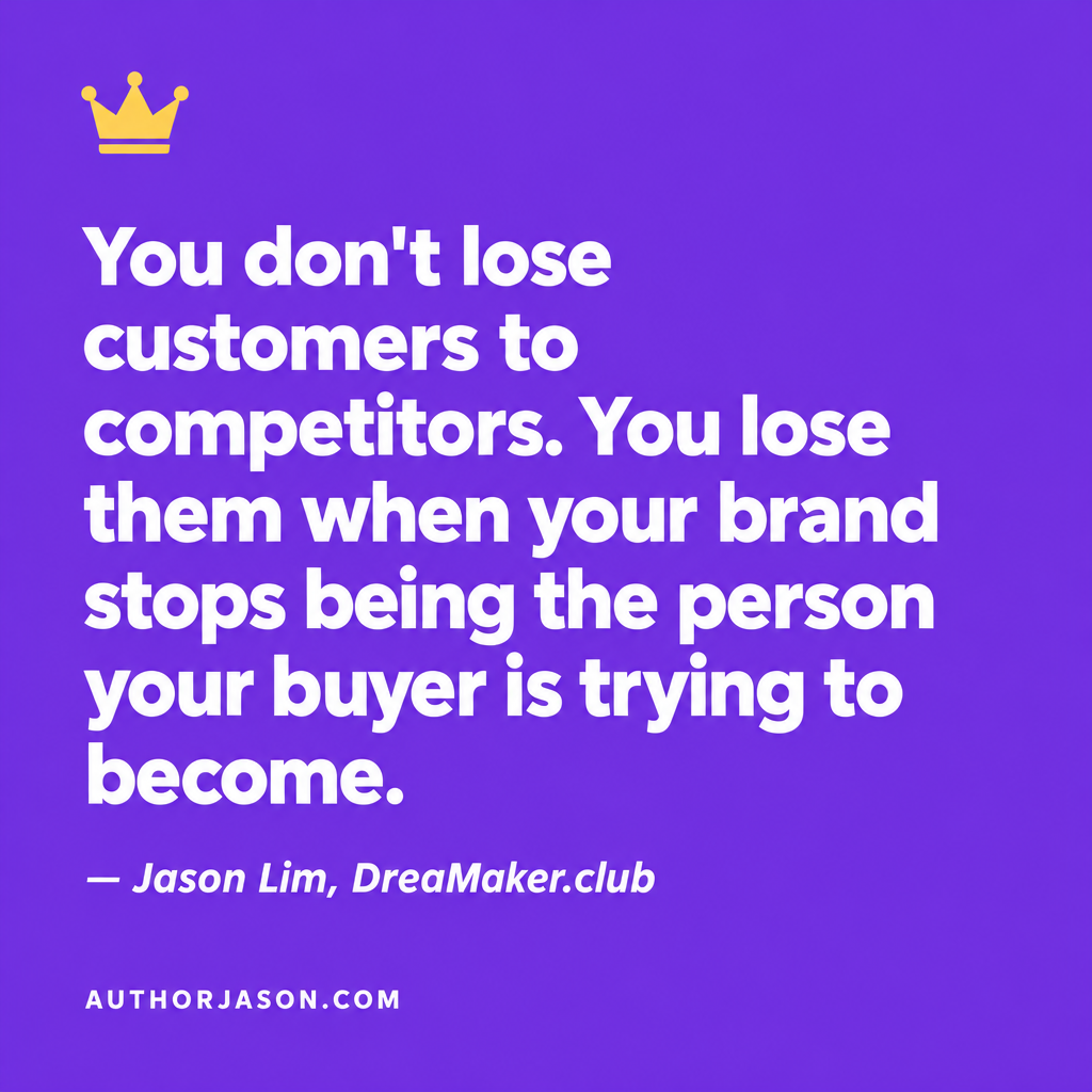 Quote card: You don't lose customers to competitors. You lose them when your brand stops being the person your buyer is trying to become. Jason Lim DreaMaker.club