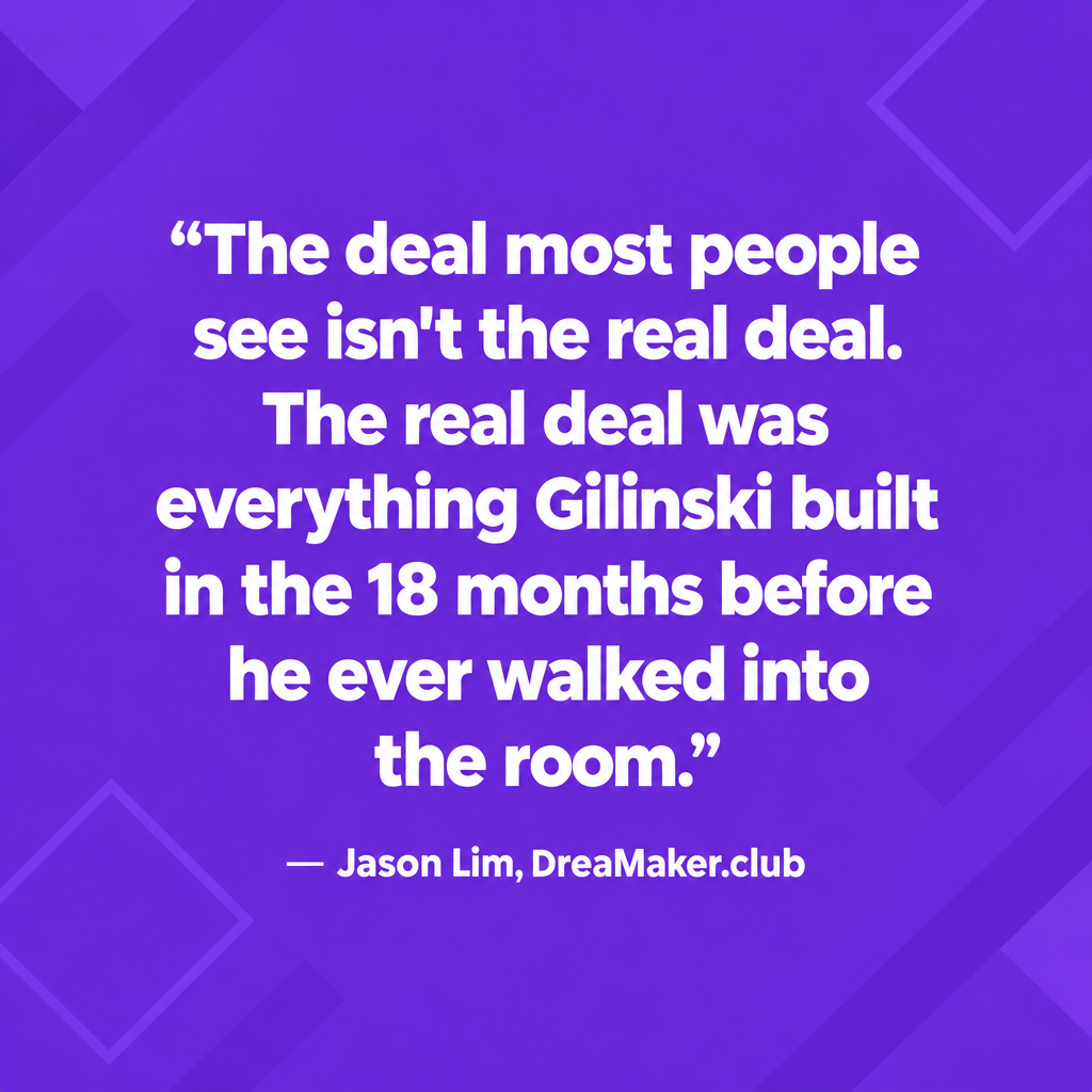 Quote card: The deal most people see isn't the real deal. The real deal was everything Gilinski built in the 18 months before he ever walked into the room. — Jason Lim